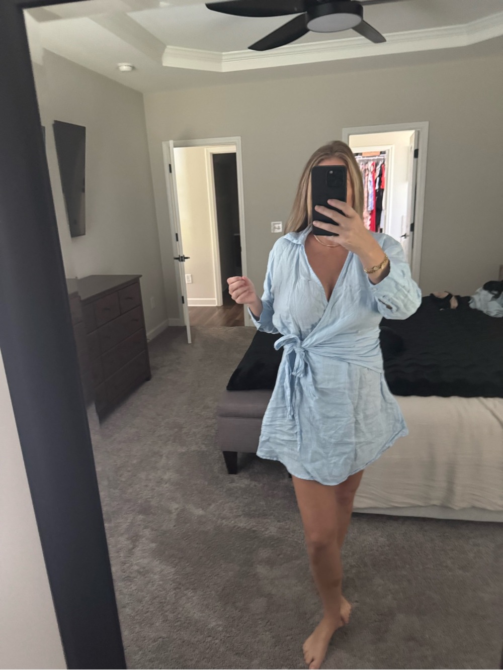 Light Blue Wrap Shirt Dress - Women's Casual Tie-Waist Dress